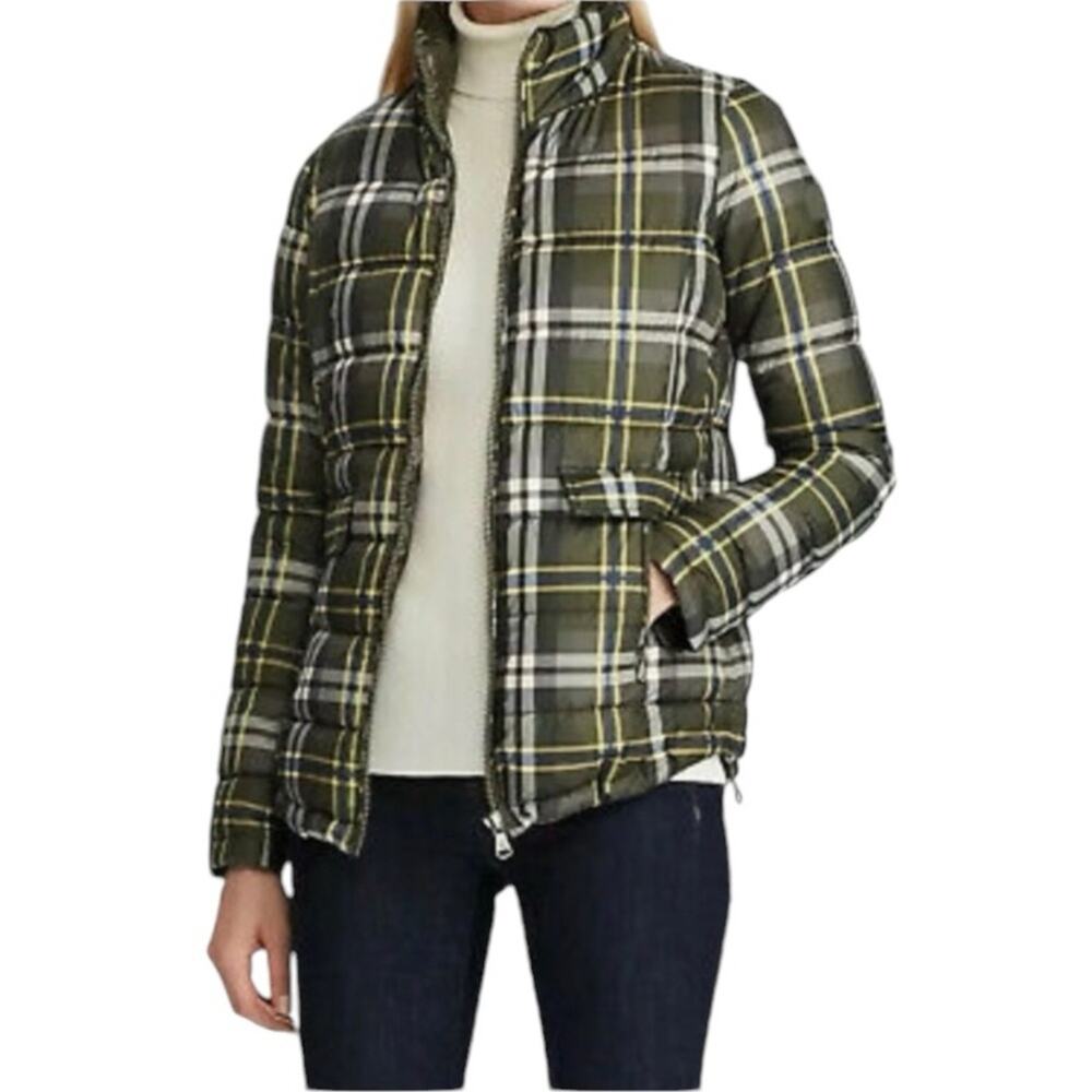 Lauren Ralph Lauren Green Plaid Puffer Quilted Jacket Loden Check size medium